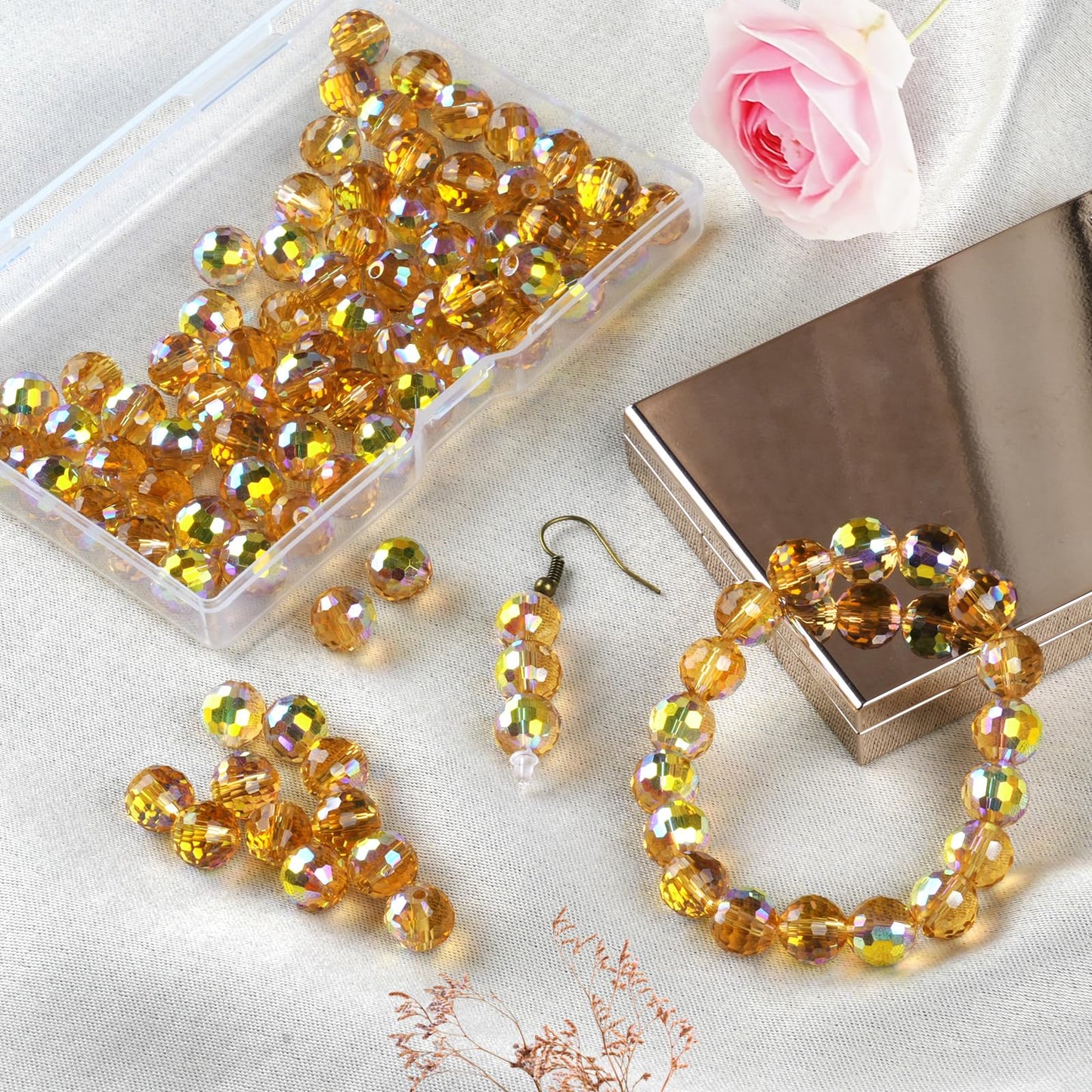 Crystal Glass Beads for Jewelry Making, 80 Pieces Crystal Beads, 10mm Glass Beads, Round Faceted Beads Bulk for Craft Necklace Bracelet Earring (Gold)