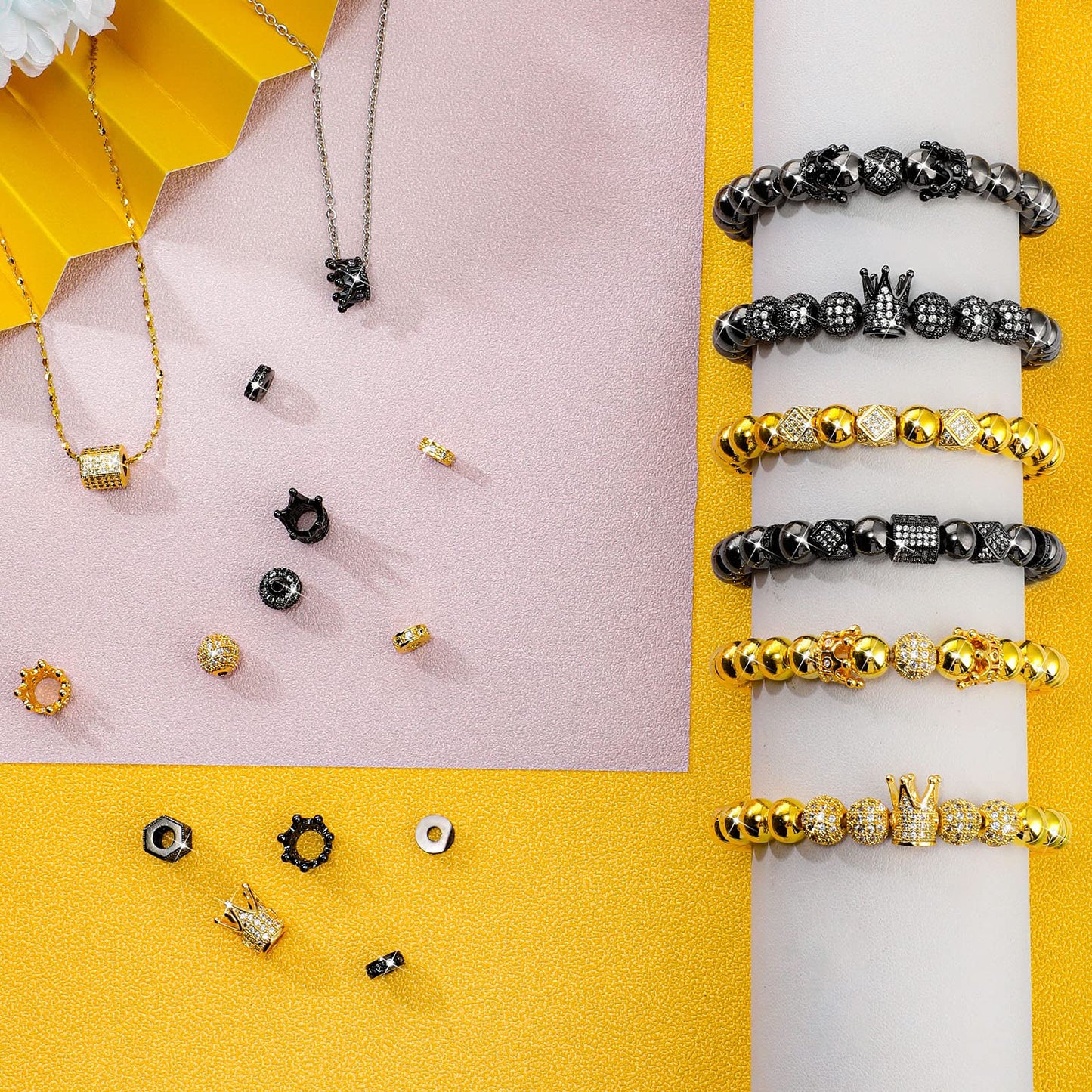 40 Pieces King Crown Charms 8mm Round Rhinestone Beads Hexagon Big Hole Spacer Beads Bracelet Connector for DIY Xmas Jewelry Crafts Making (Black and Gold)