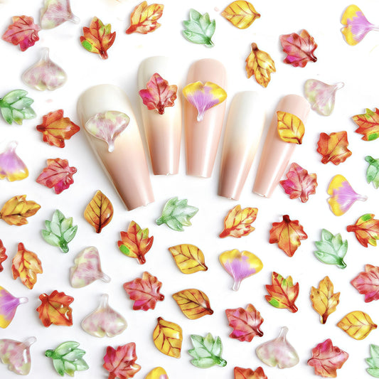 100 Pcs Fall Nail Art Charms Multi Shape Resin Maple Leaves Nail Charms 3D Flat Back Autumn Maple Leaf Ginkgo Leaf Design Nail Art Rhinestones Jewelry for DIY Thanksgiving Nail Decoration
