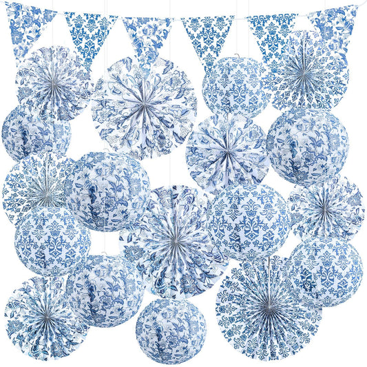 Tujoe 19 Pcs Chinoiserie Themed Party Decorations 10 Paper Lanterns 3 Triangle Flags Banner 6 Hanging Round Fans Blue and White Print Chinese Hanging Decoration for Ceiling Wedding Birthday Home Decor