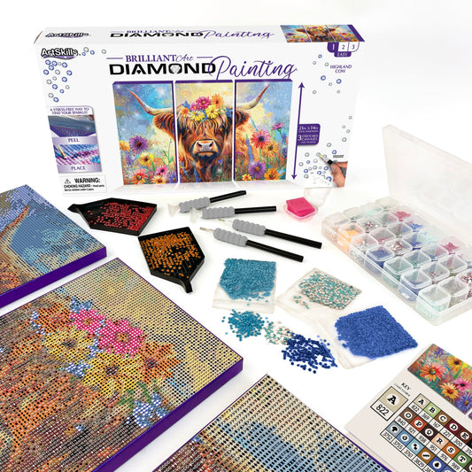 ArtSkills Diamond Painting Kit, Diamond Art Ready to Hang Framed Canvas with Storage and Accessory Kit, Highland Cow, 3 Stretched Canvas Panels, 14” x 7” Each