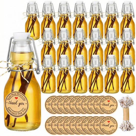 Teenyyou 20 PCS 4.05OZ Mini Flip Top Square Glass Bottle with Stoppers Decorative Swing Top Bottles Small Glass Bottles with Lids Kraft Adhesive Round Stickers for Wedding Vanilla Extract Party Favors