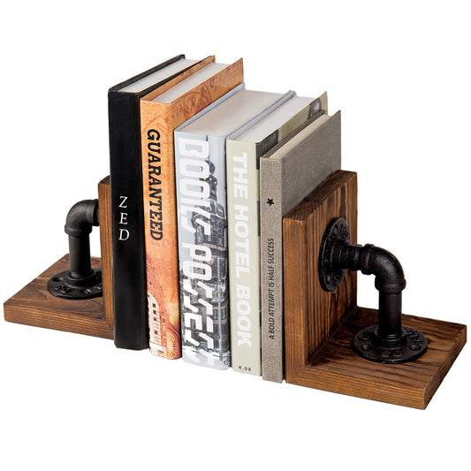 MyGift Book Ends, Decorative Bookends, Heavy Duty Book Holders for Shelves, Rustic Wood with Realistic Industrial Pipe Design,Unique Ideas for Father's Day, Christmas
