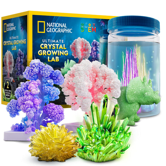 National Geographic Ultimate Crystal Growing Kit – Grow 5 Types of Crystals Including Glow in the Dark, Dinosaur Figure, Underwater Crystals & Crystal Trees with Learning Guide, STEM Science Kit