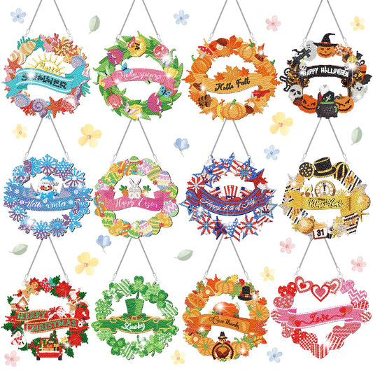 Cinnvoice 12 Pcs Seasonal Diamond Art Wreath Kits Holiday 5d DIY Diamond Painting Signs Germ Hanging Art Ornaments for Wall Door Decorations (Wreath)
