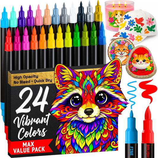 ARTISTRO 24 Acrylic Paint Markers - Paint Pens for Drawing, Brush + Fine Tips - For Fabric, Rock, Glass, Wood, DIY - Art & Craft Supplies for Adults, Teens, Kids - Teacher Appreciation Gift