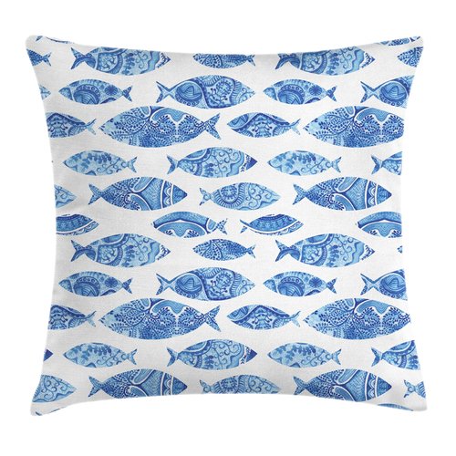 Ambesonne Blue Throw Pillow Cushion Cover, Fish Sea Animal with Ottoman Ornate Mosaic Hand Drawn Style Marine Artwork, Decorative Square Accent Pillow Case, 18" X 18", Blue