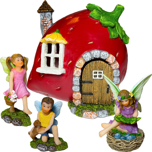 Mood Lab Fairy Garden Figurines - Strawberry House Set (4 pcs) - Miniature Decorative Statues & Accessories - Outdoor & Indoor Garden Decor