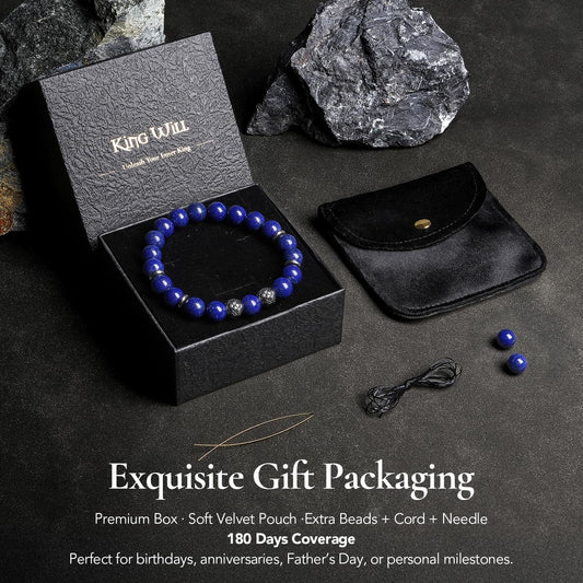 King Will Natural Lapis Lazuli Bead Bracelet for Men, 10mm Royal Blue Gemstone Spiritual Healing Bracelet with Braided Metal Accents, Inner Peace Jewelry
