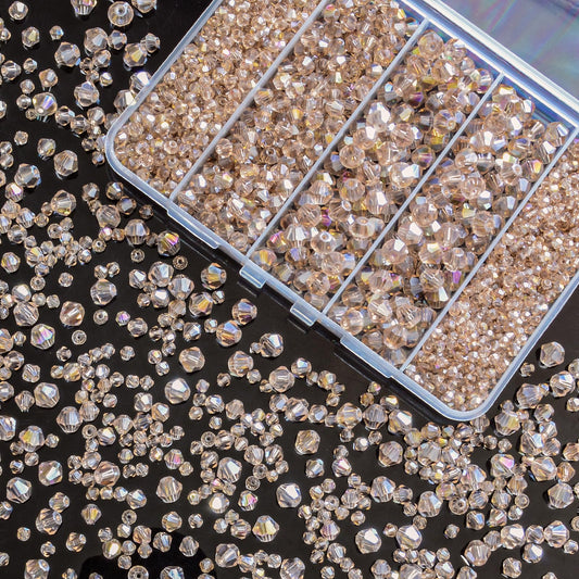 1550PCS Bicone Crystal Glass Beads Set for Jewelry Making, 3mm 4mm 6mm 8mm Sparkling Faceted Beads Sorted by Size for Bracelets, Necklaces, Suncatchers & DIY Crafts(Champagne Silver)