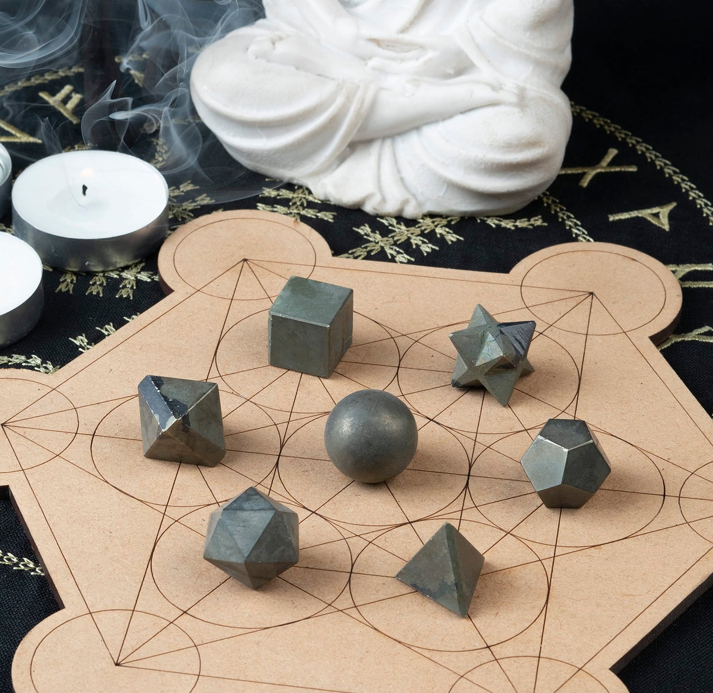 Crocon Golden Pyrite 7 Pcs Platonic Solids Crystal Geometry Set, Platonic Solids Sacred Geometric Stones for Meditation Reiki Balancing Healing Chakra Stone Cleansing Spiritual Good Luck (15-20 mm)