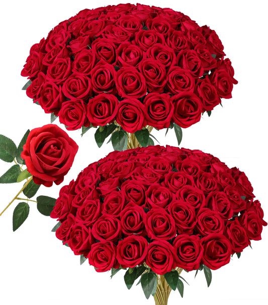 HyeFlora 50 PCS Red Roses Artificial Flowers, Fake Roses with Stems Realistic Silk Roses for DIY Wedding Bouquets Tables Centerpieces Arrangements Party Baby Shower Birthday Home Decor Gift for Her