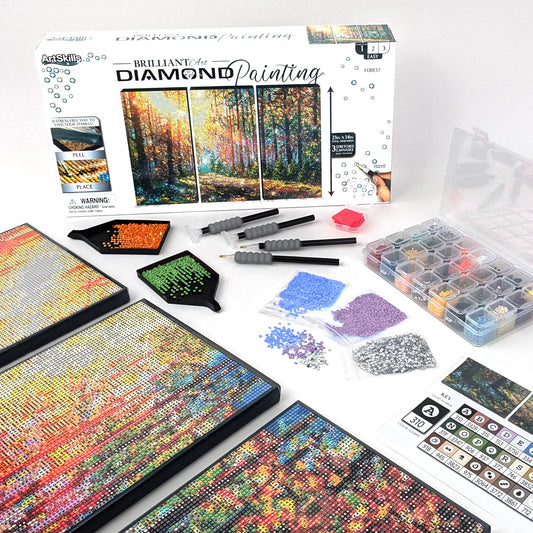 ArtSkills Diamond Painting Kit, Diamond Art on Framed Canvas with Gem Storage Case and Accessory Kit, Forest, 3 Stretched Canvas Panels, 14” x 7” Each