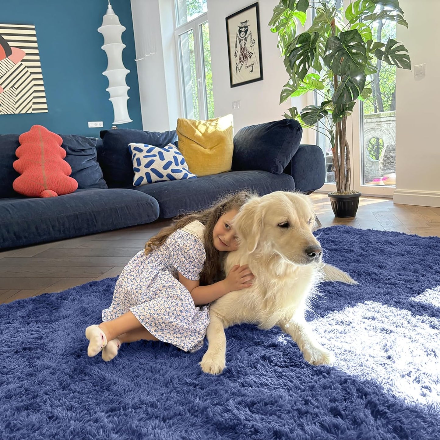 OLANLY Large Area Rug - Soft Fluffy Shaggy Carpet for Living Room & Bedroom | Denim Blue, 5x8 ft