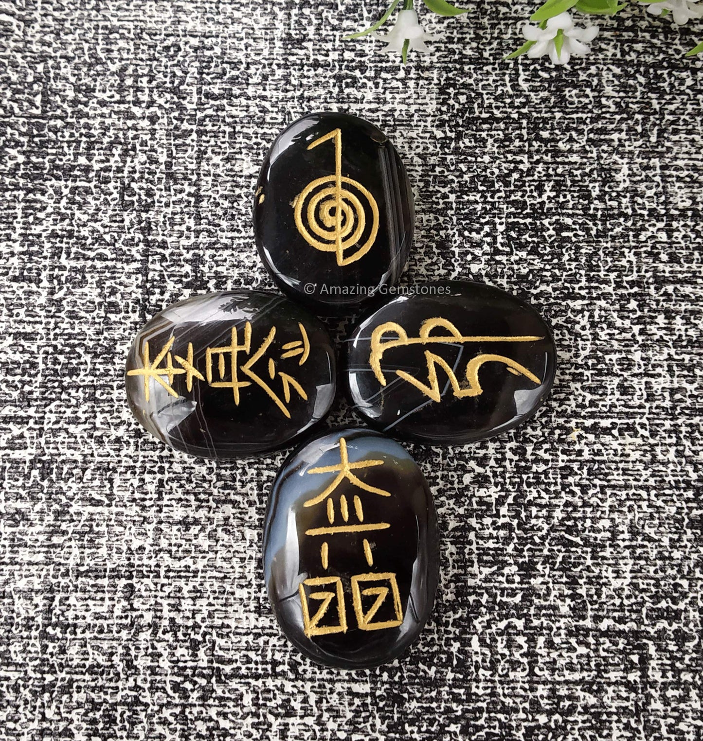 Amazing Gemstone Sulemani Agate Crystal Reiki Stones with Engraved Symbols for Usui Reiki Healing, Set of 4 Pcs (Indian Handmade Reiki Gift Set)