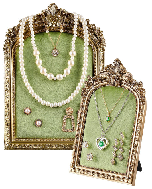 Wonderjune 2 Pcs Gold Jewelry Display Stand Vintage Necklace Organizer Ring Holder Earring Tray Resin Jewelry Photography Props Frame with Velvet Backing for Gifts(Green,Large,Small,Elegant)