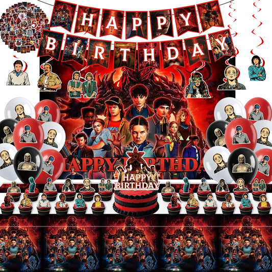 125Pcs Birthday Party Decorations Kit - Backdrop, Tablecloth, 15 Birthday Banner, 18 Balloons, Big Topper, 24 Cupcake Toppers, 6 Hanging Swirls, 60 Stickers for Themed Decor