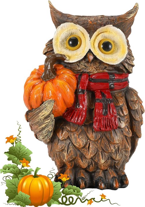 iStatue Fall Harvest Owl Ornaments - 7â Resin Craft with Red Scarf & Pumpkin | Thanksgiving Table Decor