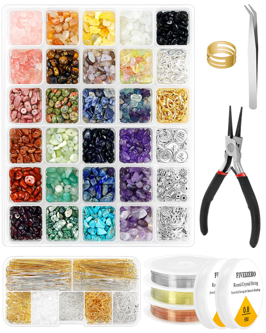 FIVEIZERO Jewelry Making Kit - 1956 PCS Natural Chip Stone Beads(25 Colors, 4-12mm) with Crystal Beads, Metal Charms, Jump Rings & Earring Hooks for DIY Bracelets, Necklaces, Earrings