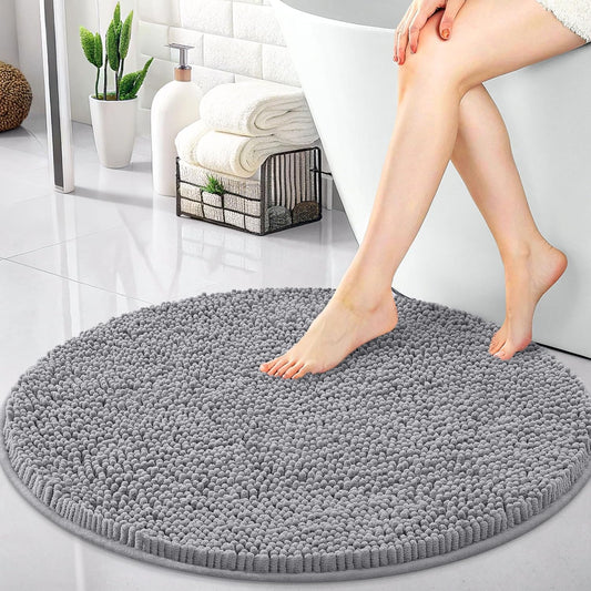 OLANLY 30-Inch Round Bathroom Rug - Extra Soft Chenille Bath Mat, Quick Dry & Machine Washable, Grey