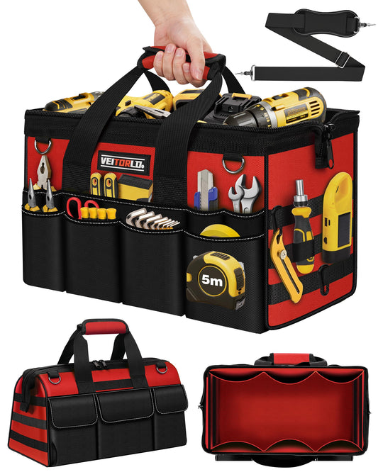 16-Inch Heavy Duty Tool Bag, 19-Pockets Tool Box Organizer, Portable Toolbag W/Soft Handle for Organized Storage, Mechanic Gifts for Men Dad Husband Fathers Day, Wide Mouth Electrician Toolbox, Red