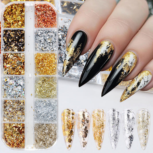 12 Grids Holographic Nail Glitter Gold Foils for Kit Sparkly Ultra-Thin Aluminum Foil Nail Art Flakes Designs Irregular Foil 3D Glitter Foil Sequins for Women DIY Manicure Charms Decorations