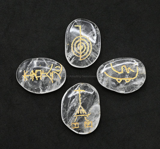 Amazing Gemstone Clear Quartz Crystal Reiki Stones with Engraved Symbols for Usui Reiki Healing, Set of 4 Pcs (Indian Handmade Reiki Gift Set)