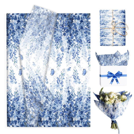 100 Sheets Blue Eucalyptus Leaf Tissue Paper Blue Botanical Leaves Wrapping Paper DIY Arts Tissue for Birthday Wedding Bridal Baby Shower Party Decor Supplies, 13.8 x 19.7 inches