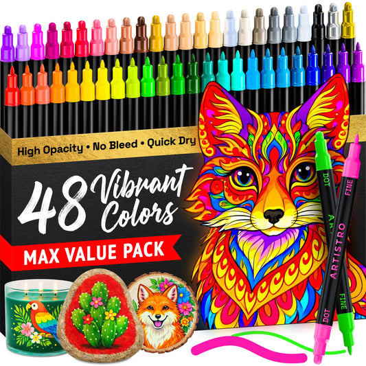 ARTISTRO 48 Precision Dual-Tip Acrylic Paint Markers – Paint Pens Set with Dot & Fine Tips for Fabric, Rock, Glass, Wood, Coloring Books – Classroom & Art Supplies Gift – Teacher Appreciation Gift