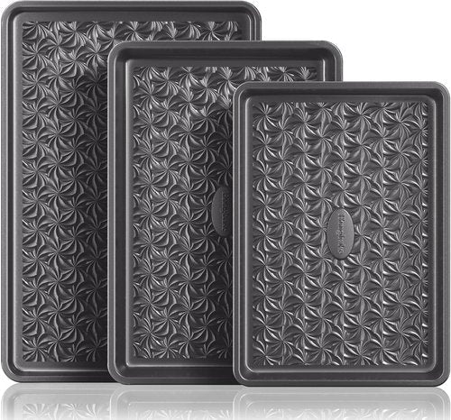 HONGBAKE Nonstick Baking Sheet Pan Set - Heavy Duty 0.8mm Thick Cookie Sheets | Floral Swirl Texture, Dark Gray