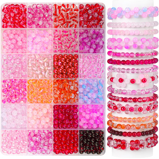 1200PCS 6mm Pink Glass Beads for Bracelets, 24 Colors Red and Pink Series Crystal Beads Bracelet Making Kit and Jewelry Making, Bracelet Beads for Necklace Earring Crafts DIY