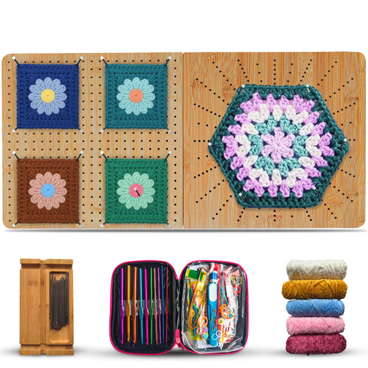 FRAVI Foldable Bamboo Crochet Blocking Board Kit – Dual-Sided Square & Circular Grid 22 × 11 in, 40 Pins + 100 Tools + 5 Yarn Skeins – All-in-One Crochet & Knitting Kit for Beginners & Crafters
