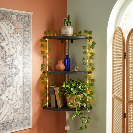 REFGY 3-Tier Corner Floating Shelves with Aesthetic Greenery & Fairy Lights - Premium Wood-Textured Boho Wall Hanging Shelf - Stable L-Bracket Support for Home Decor, Office & Small Spaces