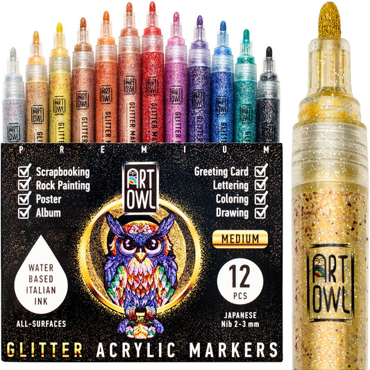 Art Owl Acrylic Glitter Paint Marker Pens, Medium Pens for Rock Painting, Stone, Ceramic, Glass, Wood, Fabric, Card Making, Canvas, DIY Crafts - Set of 12 Sparkle Paint Markers