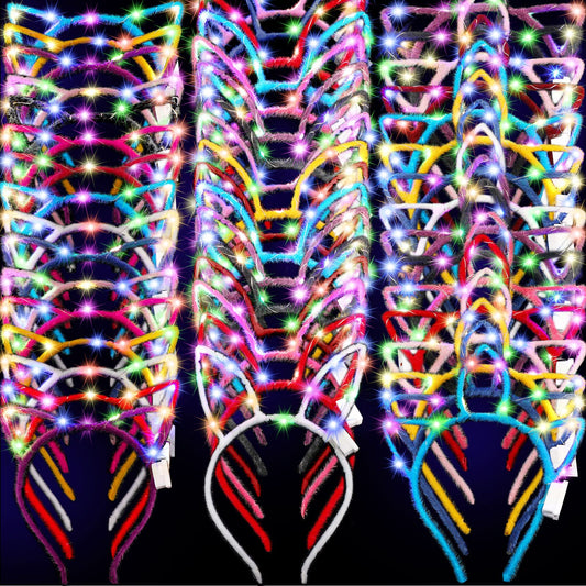 Janinka 60 Pcs Glow in the Dark Headbands Set, Cat Ear Headband Unicorn Rabbit Bunny Lighted Ear Headband Bulk for Valentine's Day Mardi Gras Easter Favors Women Birthday Gift Supplies