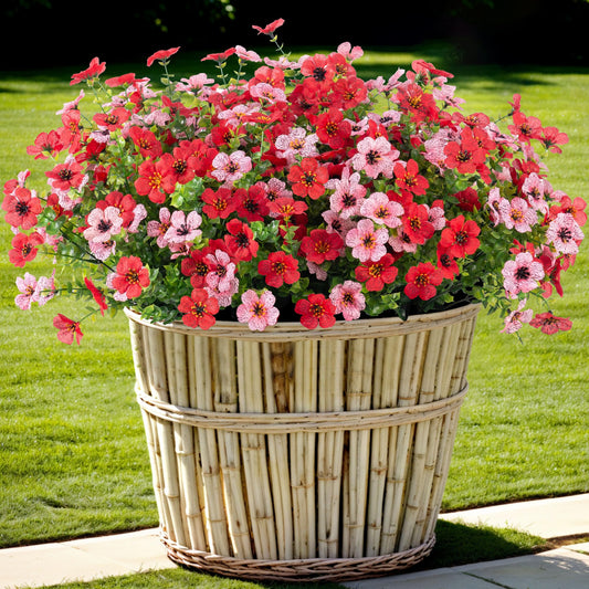 Artificial Fake Mums Flowers for Outdoor Spring Summer Decor, 12 Bundles Faux Silk Plants Daisy for Planter Pot Colorful UV Resistant Look Real for Front Door Porch Patio Outside Yard(Red Pink)