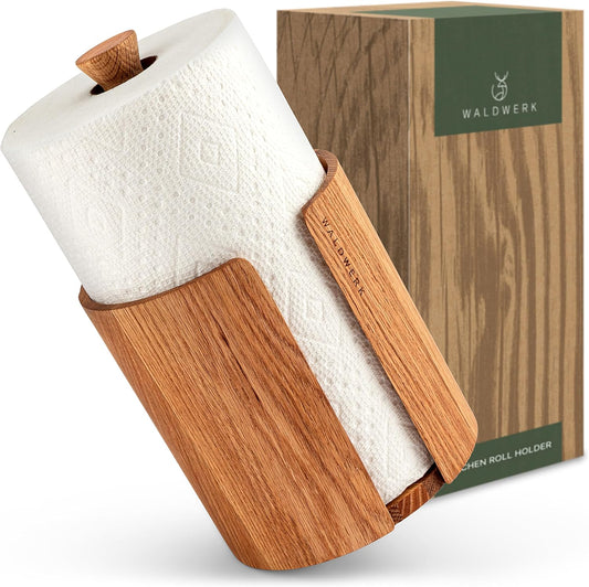 WALDWERK Oak Wood Paper Towel Holder - Stylish Kitchen Towel Stand for Standard Rolls | Countertop Design