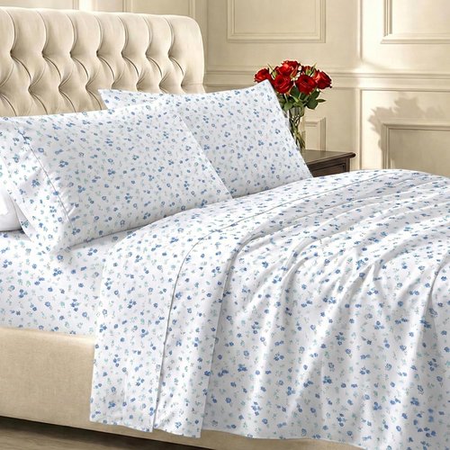 California Design Den Queen Sheet Set - 100% Cotton, 400 TC, Smooth Sateen Finish, Deep Pockets | Floral White/Blue