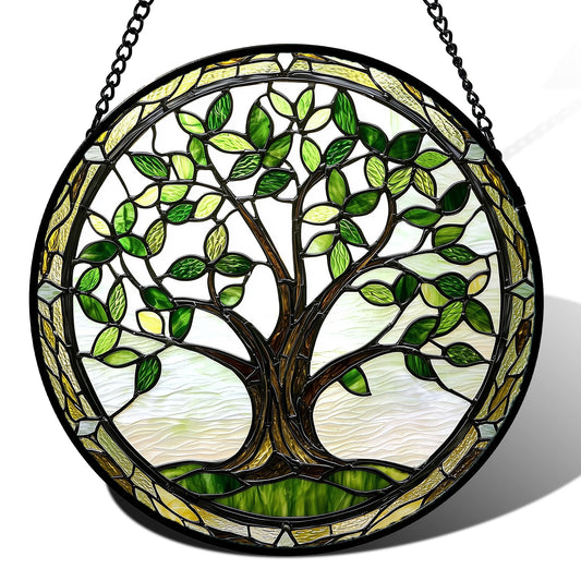 AMDERVEN Stained Glass Window Hanging - Brown Tree Trunk Green Leaves Sun Catcher for Door Garden Home Decor Plant Suncatcher Christmas Mother's Day Birthday Gifts for Women Men Mom Nana 7.8 in