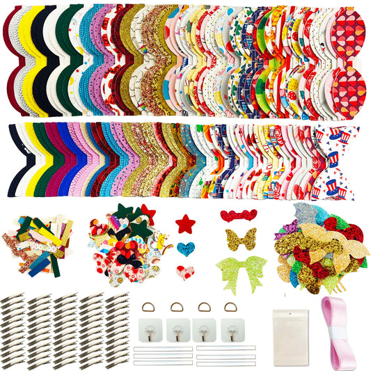 AOUXSEEM 348 Pcs 60 Set Faux Leather Hair Bows DIY Making Kit for Beginners, Contains Assorted Random Printed Glitter Solid Fabric Pre Cut Pieces, Make Stylish Hair Clips