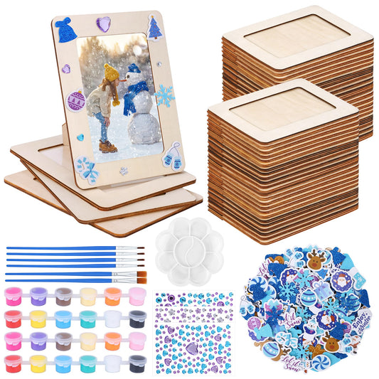 Fovths 36 Packs Winter Picture Frame Painting Craft Kit Wooden DIY Photo Frame with 250 Foam Stickers Brushes Set Holiday Art Party Favor DIY Paint and Decorate