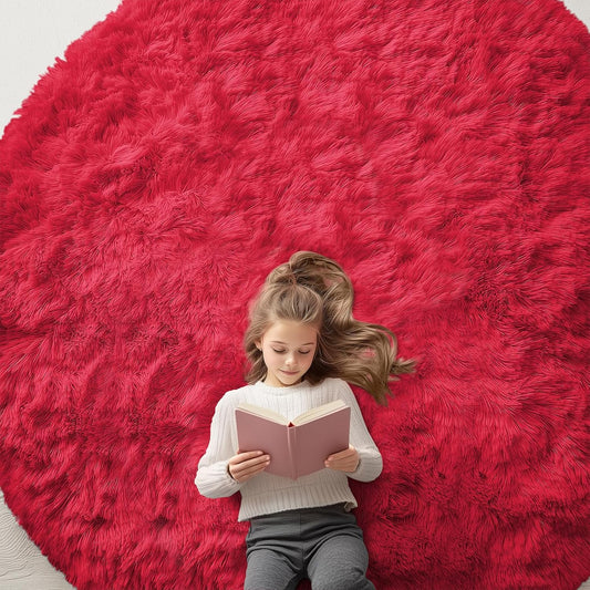 OLANLY Red Round Rug - Soft, Fluffy Shaggy Carpet | 8 ft Machine Washable Area Rug for Bedroom & Living Room
