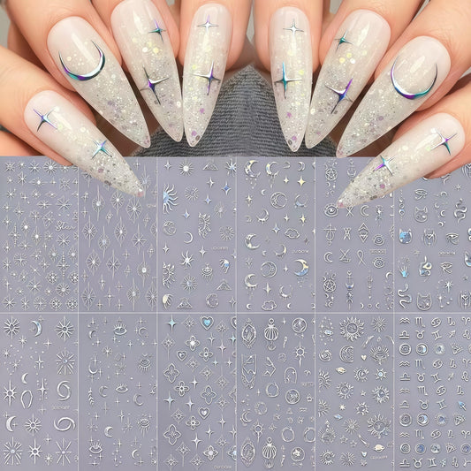 12 Sheets Laser Silver Nail Art Stickers, 3D Self-Adhesive Sun Moon Stars Designs Nail Sticker Acrylic Manicure Decals Decorations Accessory for Women Girls