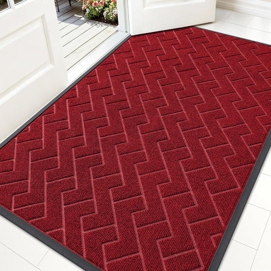 OLANLY Waterproof Front Door Mat - All-Season Herringbone Design | Easy Clean, Low Profile, Wine Red (59x35)