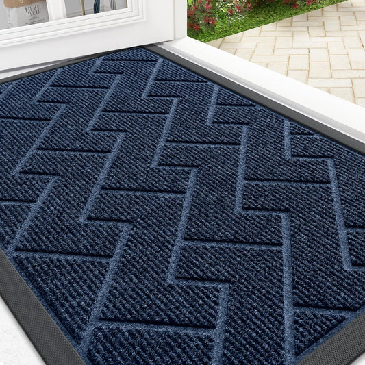 OLANLY Waterproof Front Door Mat | All-Season Herringbone Design | Easy Clean Natural Rubber | 29.5"x17" (Blue)
