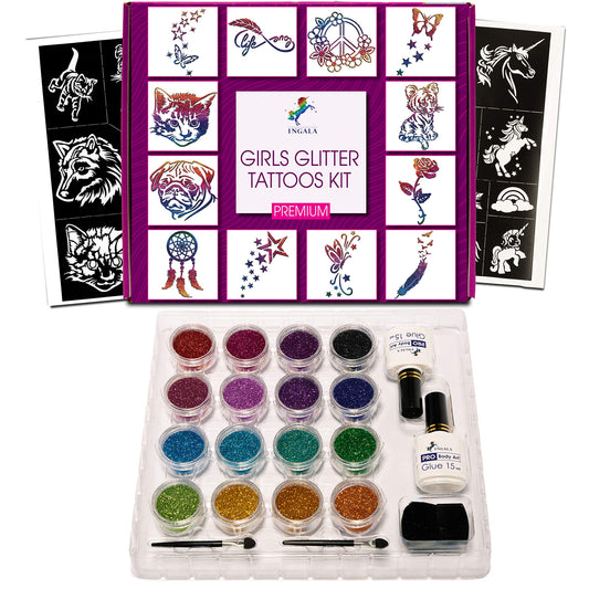 Premium Glitter Temporary Tattoo Kit for Girls, 74 Stencils, 16 Colors and 2X 0.5 fl.oz Body Glue for Body Glitter Fake Tattoos Makeup Tattoo Supplies Party Favors Party Supplies for Girls