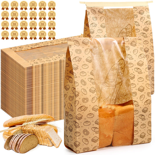 Feifeiya 150 Pack Kraft Paper Bread Bags for Homemade Sourdough Bread Bag with Clear Window 13.7 x 8.2 x 3.5 Large Bakery Packaging for Treat Storage Gift Giving with Seal Sticker