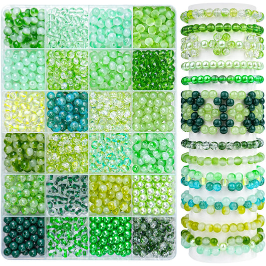 1200PCS Green Glass Beads for Bracelets, 24 Colors 6mm Crystal Beads Bracelets Making Kit and Jewelry Making, Round Green Nature Series Beads for Friendship Bracelets Earring Necklace DIY Crafts