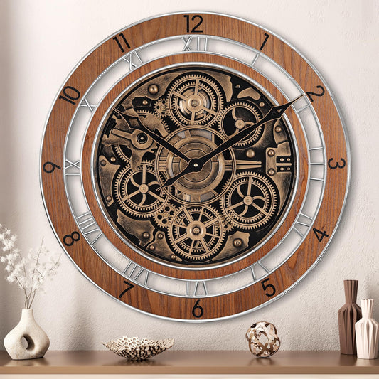 Lafocuse Real Moving Gears Wall Clock Brown Vintage, 21 Inch Steampunk Gear Clocks with Arabic and Roman Numerals, Wooden Farmhouse Industrial Large Wall Clock for Living Room Decor Kitchen Home