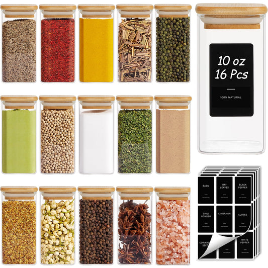 ComSaf 16Pcs Spice Jars with Labels, Glass Jar witj Bamboo Lid, 10oz Airtight Square Containers with Black Lables, Empty Seasoning Jars for Spice, Salt, Pepper, Sugar